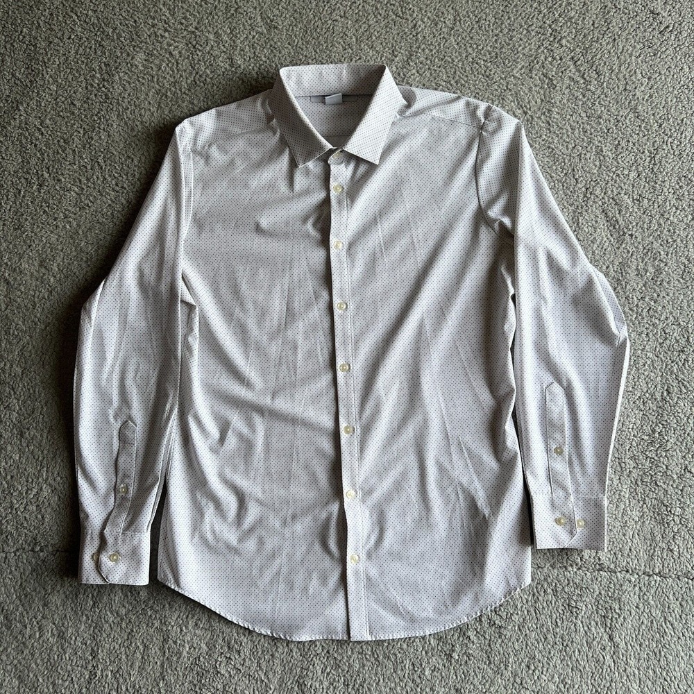 Mizzen Main Leeward Formal Dress Shirt Mens M White Polka Dots Stretch